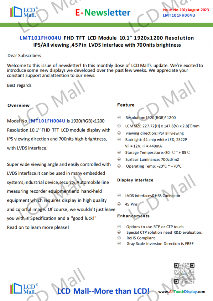 neueste Unternehmensnachrichten über Ausgabe 202 Newsletter_10.1 Zoll LMT101FH004U von LCD Mall  0