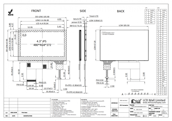 4.3'' IPS 480*RGB*272 Tft Lcd Display 40 Pin RGB-Schnittstelle Kapazitiven Touchscreen 1