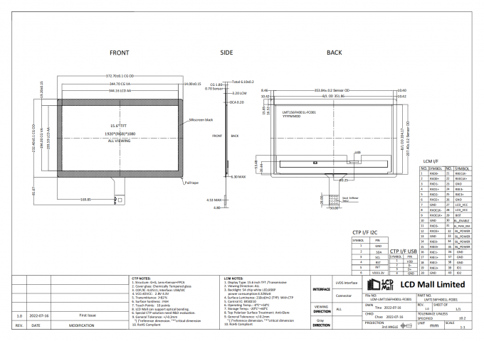 1920*1080 Auflösung CTP TFT LCD Modul 15,6 Zoll LCD-Panel 210cd 0