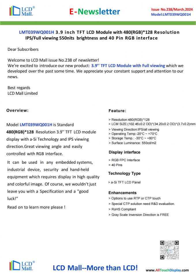 neueste Unternehmensnachrichten über Ausgabe Nr. 238 Newsletter_3.9 Zoll LMT039WQ001H von LCD Mall  0