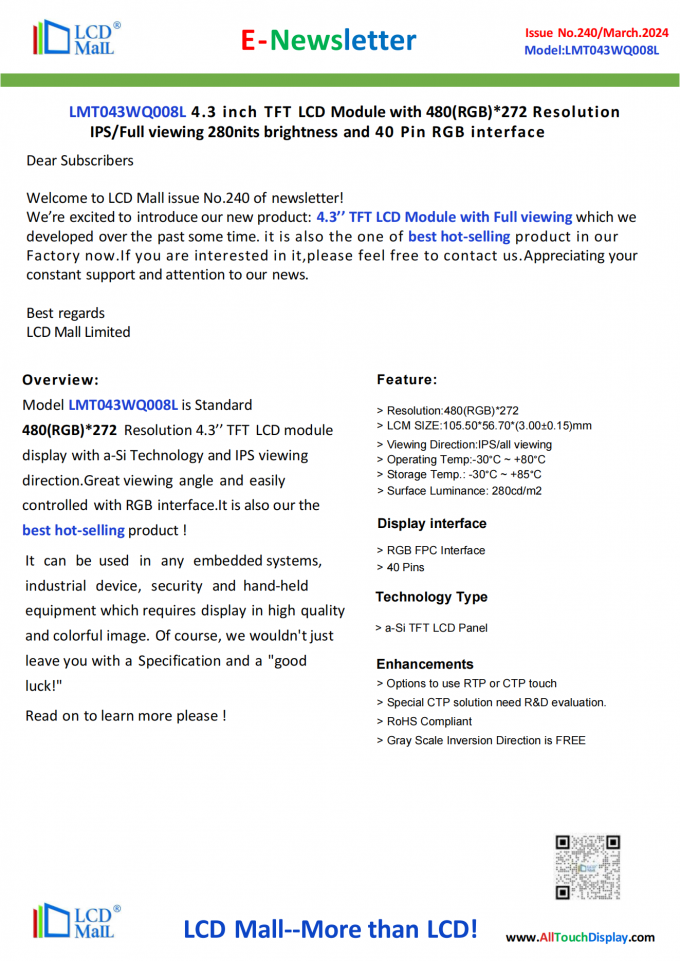 neueste Unternehmensnachrichten über Ausgabe Nr. 240 Newsletter_4.3 Zoll LMT043WQ008L von LCD Mall  0