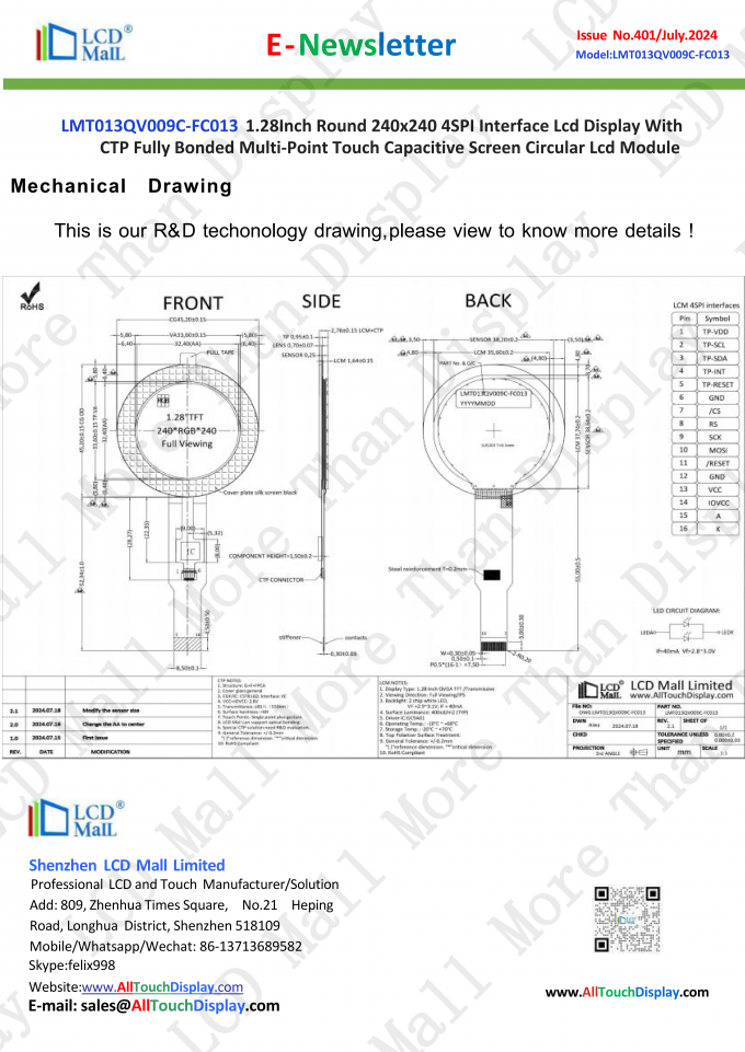 neueste Unternehmensnachrichten über Ausgabe Nr. 401 Newsletter 1,28 Zoll LT013QV009C-FC013 vom LCD Mall  4