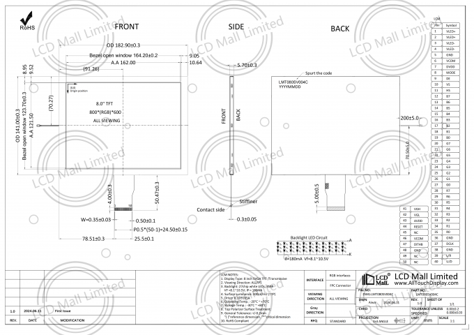 JD9165A Treiber IC 8 Zoll Tft LCD-Bildschirm Anzeige mit 27 Chip-LEDs Hintergrundlicht 50 Pin Typ 0