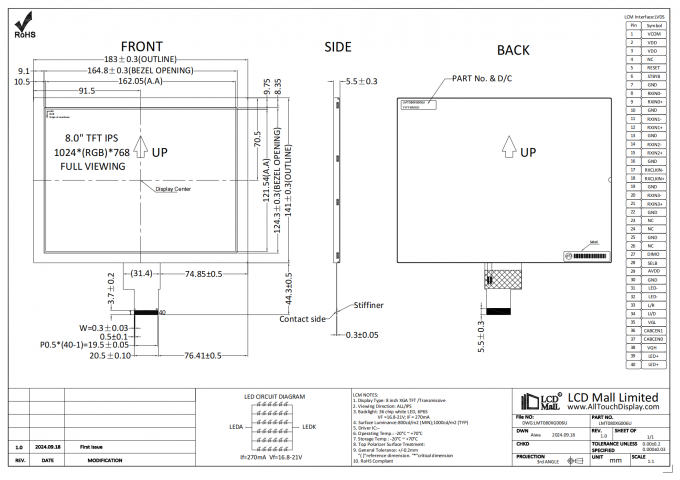 8.0" TFT-LCD-Modul 1024*768 Auflösung 1000nits 40PIN LVDS-Schnittstelle für AK-Draht, der an FPC gelötet wird 0