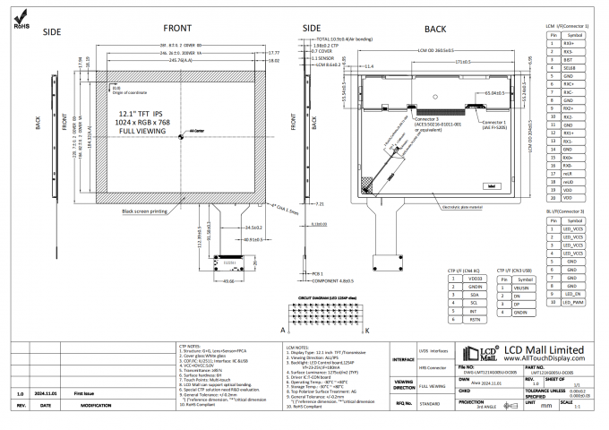 Anpassbares 12,1-Zoll-LCD-Display-Modul mit 1024*768 Auflösung und 20-Pin-LVDS-Schnittstelle 0