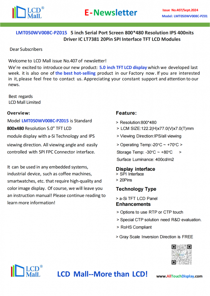 neueste Unternehmensnachrichten über Ausgabe Nr. 407 Newsletter_5.0 Zoll MT050WV008C-PZ015  0