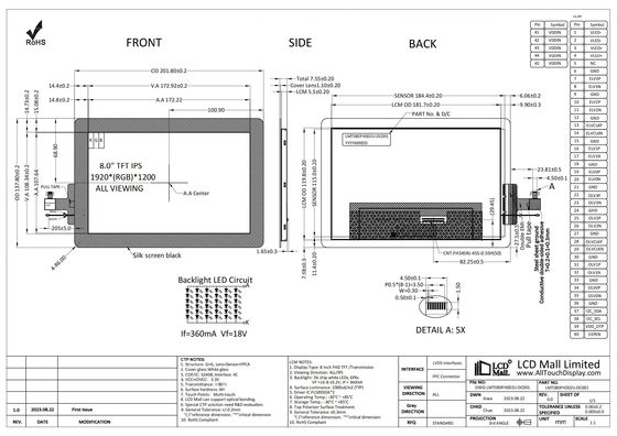 kaufen Smart 8' FHD TFT LCD CTP Display 1920*1200 LCD Bildschirm IPS Anzeige 1000nits LVDS Schnittstelle online manufacture